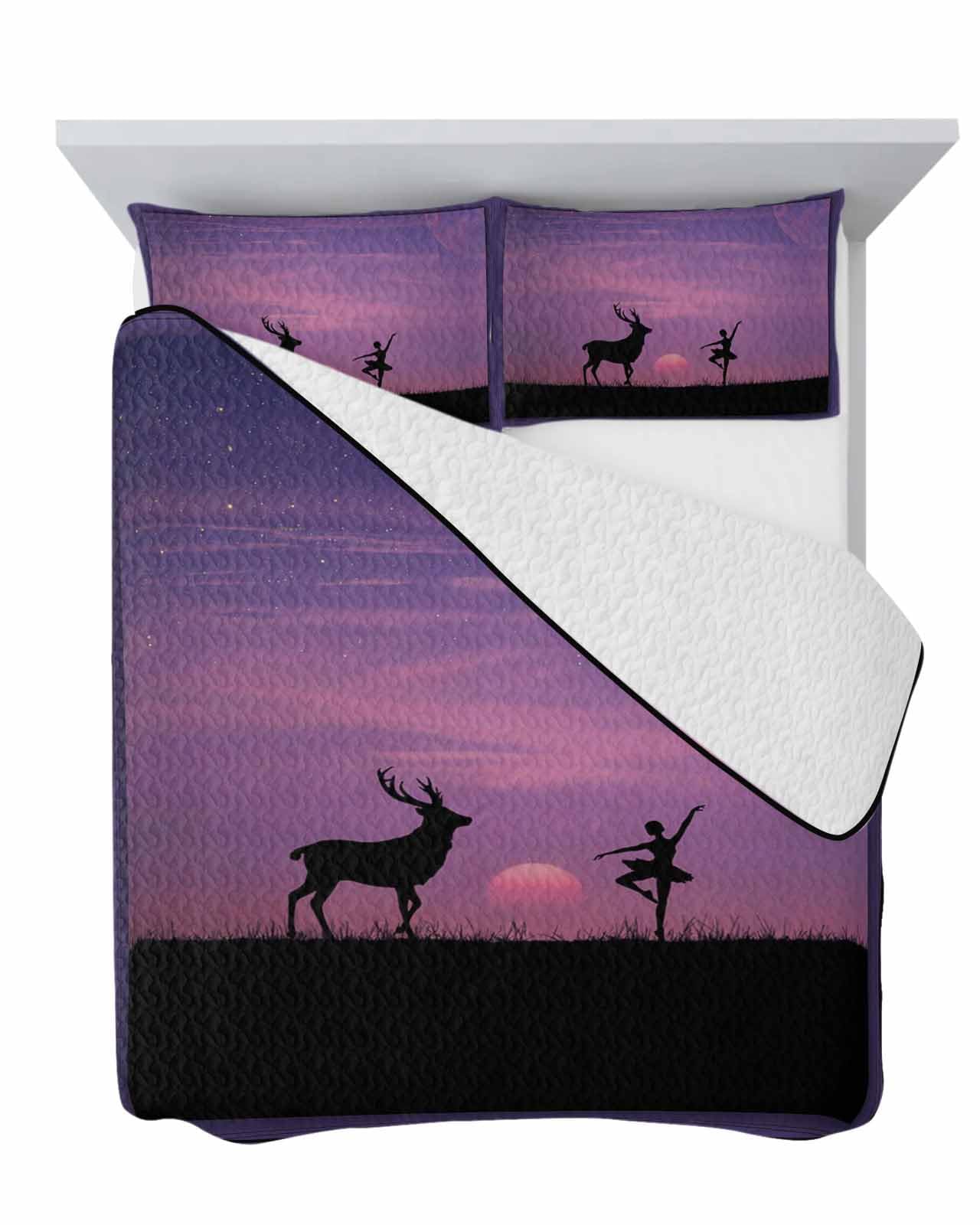 Wowouhiya Twin Quilt Sets, Purple Ombre Starry Sky Lightweight Bedspreads with 2 Pillow Shams, Deer Ballerina Girl Black Silhouette Soft Summer Bed Coverlets 3 Pieces Bedding Set for All Season