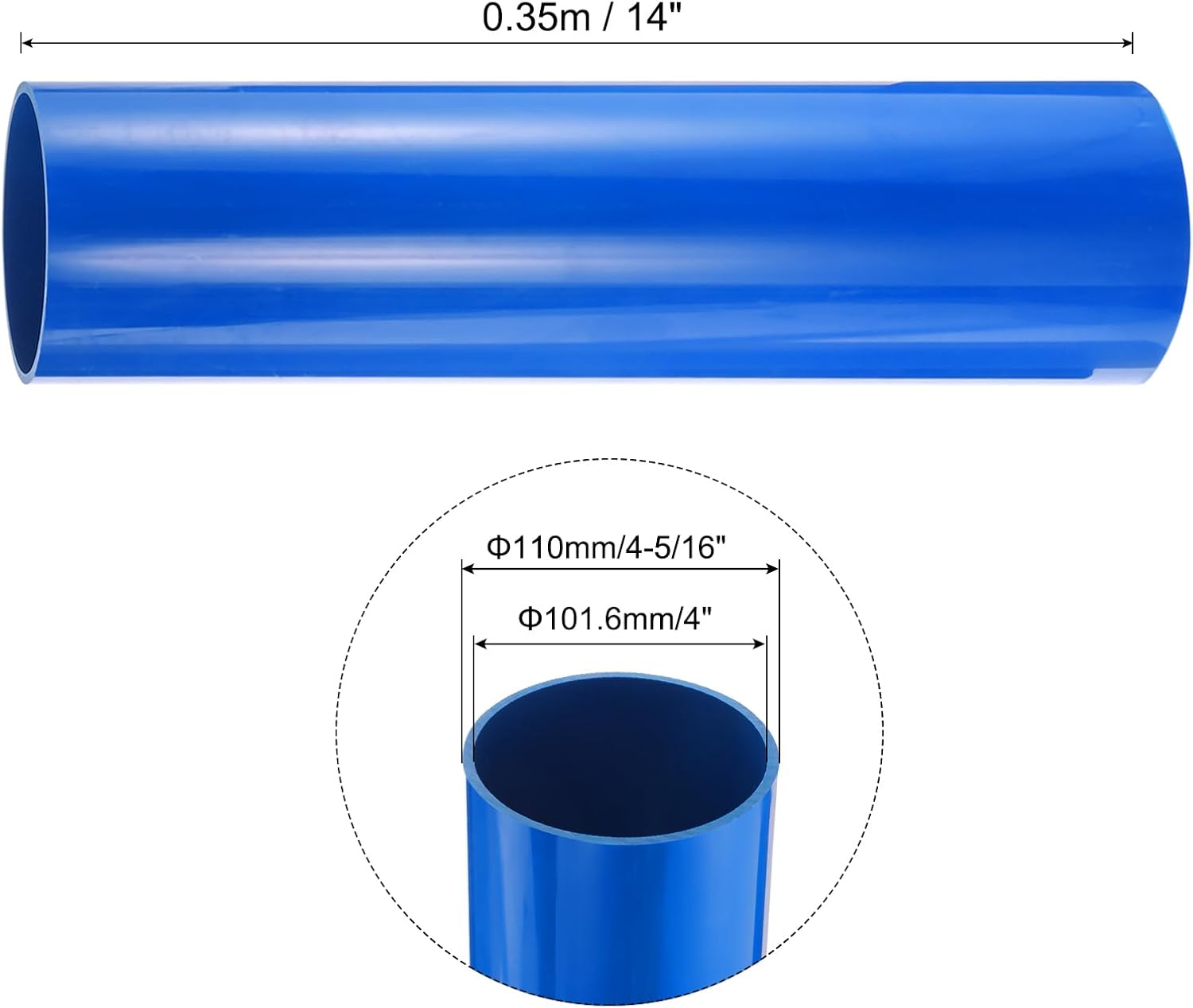 4" x 4-5/16" PVC Pipe 14" Plastic Rigid Tubing Round High Impact Drain Pipe, [for Greenhouse Garden Home HVAC Plumbing] - 101.6mm x 110mm / Blue