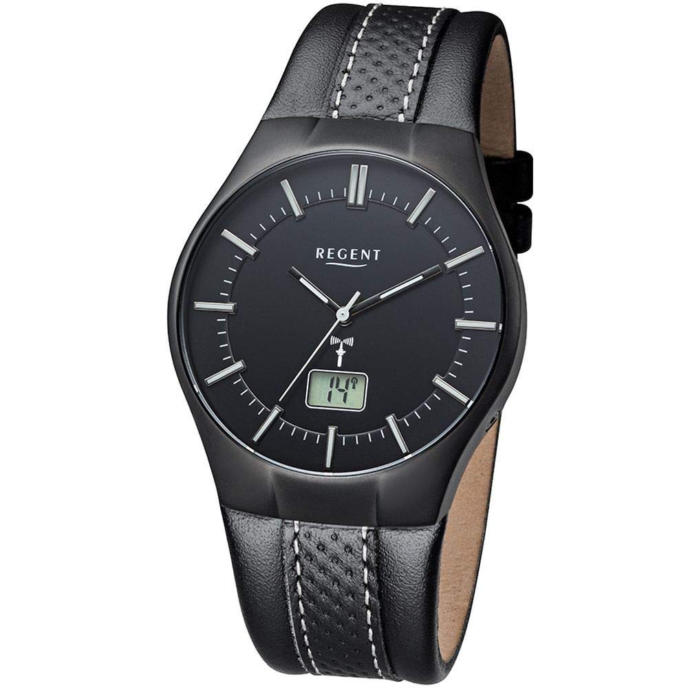 Regent Herren Funk-Armbanduhr aus Edelstahl und Leder in der Farbe Schwarz 39mm, Wasserdichtigkeit: 3Bar, 11030139