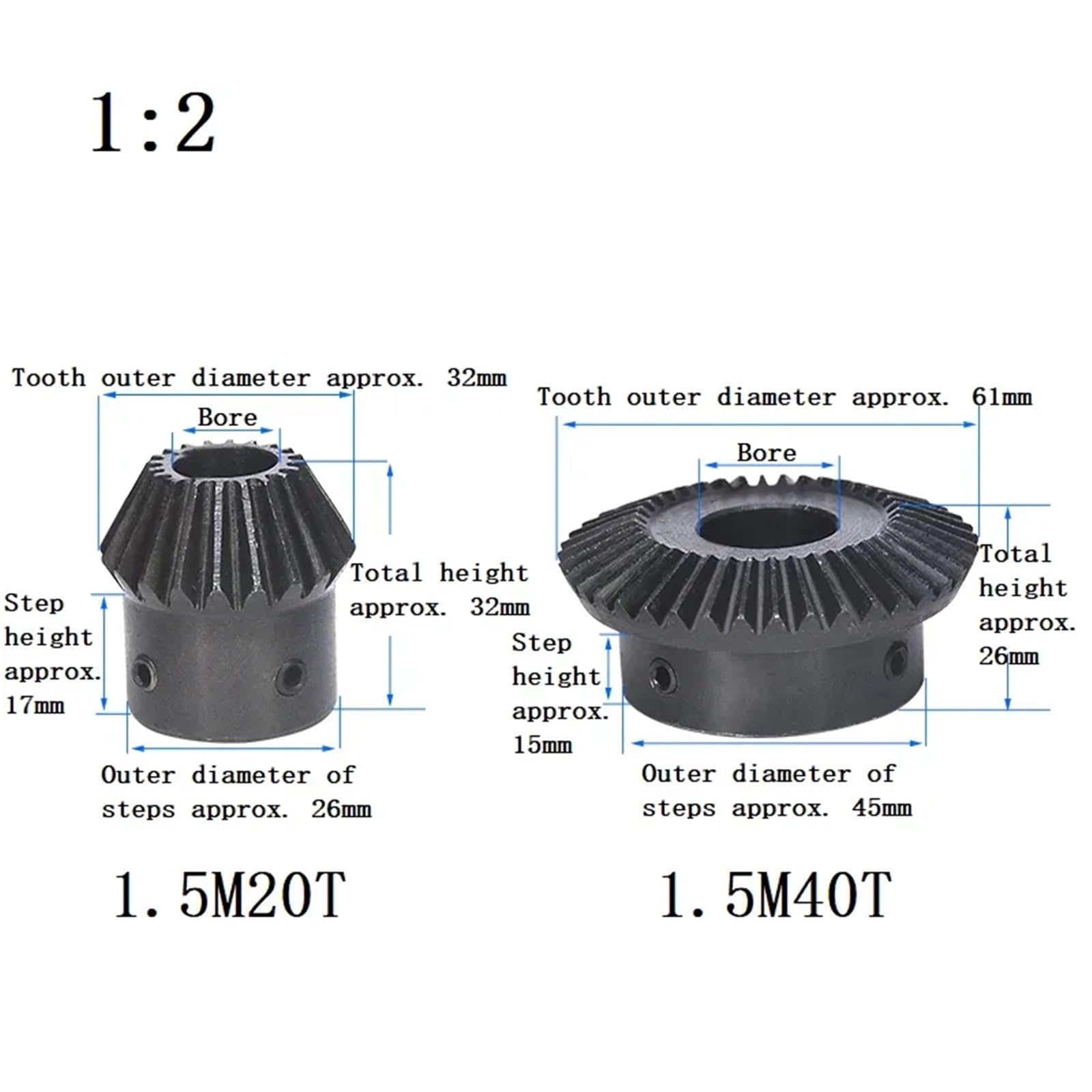Engrenage conique 1:2, module 1,5, 15 dents/20 dents, alésage en acier 45#, 5-20 mm, 1 pièce(19mm,15 Teeth)