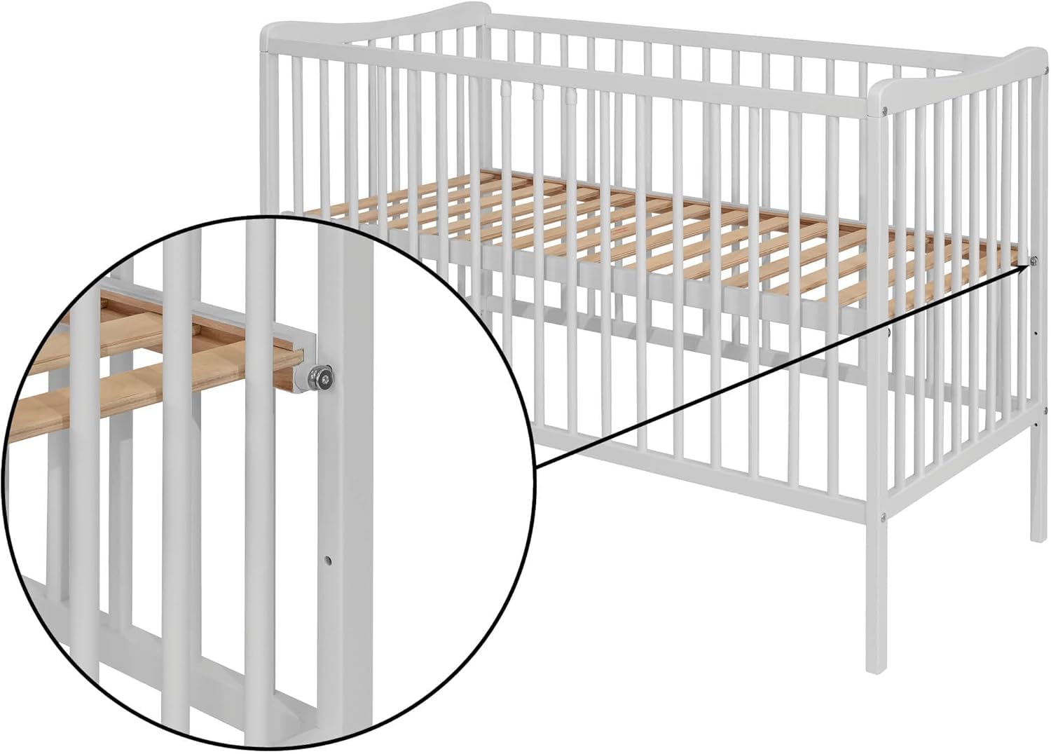 Lettino per bambini GREGIO 120x60 cm in legno di faggio – Rete regolabile su 3 livelli – 3 sbarre estraibili – Conforme EN 716 (Bianco) - 5