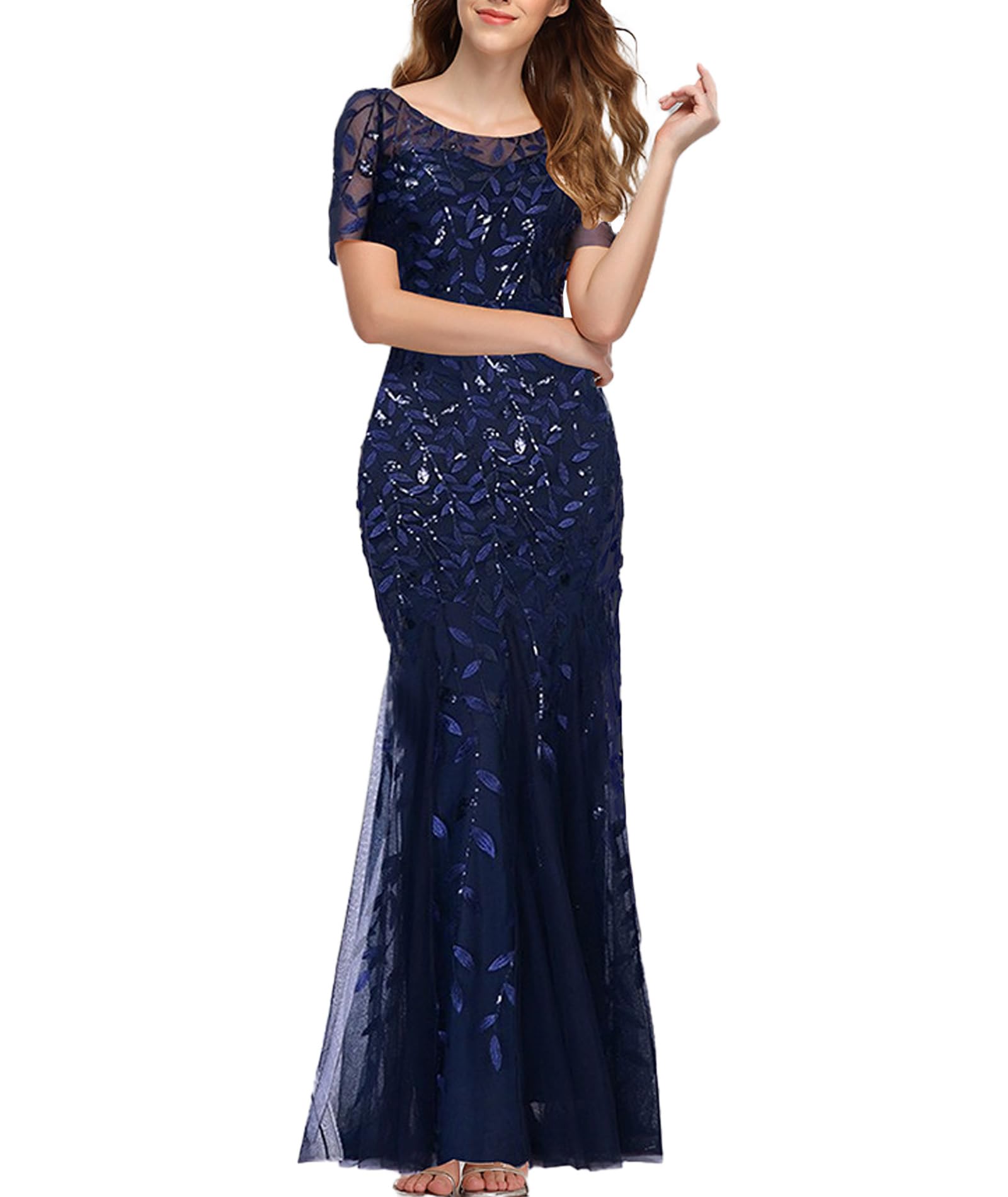 ECDAHICC Donna Plus Size Girocollo Fondo Lunghezza Paillette Ricamato Abito Da Sera Maniche Lunghe Festa Danza Damigella D'onore Scintillante Sirena Chiffon Abito Trasparente