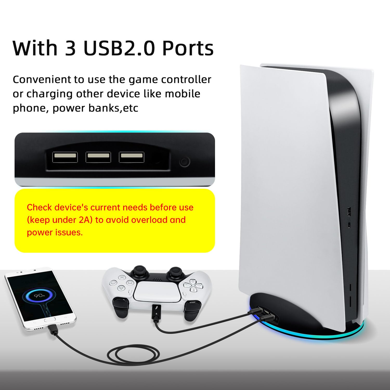 Mcbazel PS5 Standfuß RGB Vertikale Ständer Halterung mit USB2.0 Hub Ladeanschlüssen Kompatibel mit PS5 UHD & Digital Edition Konsolen - Schwarz (Nicht für PS5 Slim/Pro)