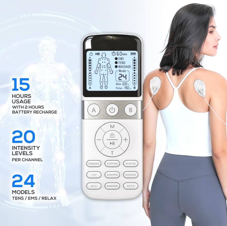 Image of SmartPulse Dual Channel EMS TENS Pulse Therapy Device | 24 Massage Modes & 20 Intensity Levels | Rechargeable Muscle Stimulator with LCD Display, Timer & Electrode Pads for Full Body Relaxation