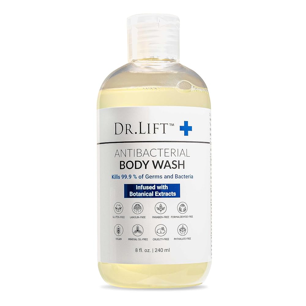 DR. LIFT Antibacterial Body Wash, Refreshing Scent, Hydrating Shower or Bath Cleanser With Citric Acid, Spirulina, and Lemon, Clean Moisturizing Formula, Vegan, Paraben and Phthalate Free, 8 Fl Oz