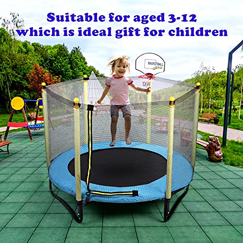 60" Kids Trampoline with Safety Enclosure Net, 5FT Toddler Indoor & Outdoor Trampoline /w Basketball Hoop - Parent-Child Interactive Game Fitness Trampoline Toy Gift for Boys and Girls Age 1-8