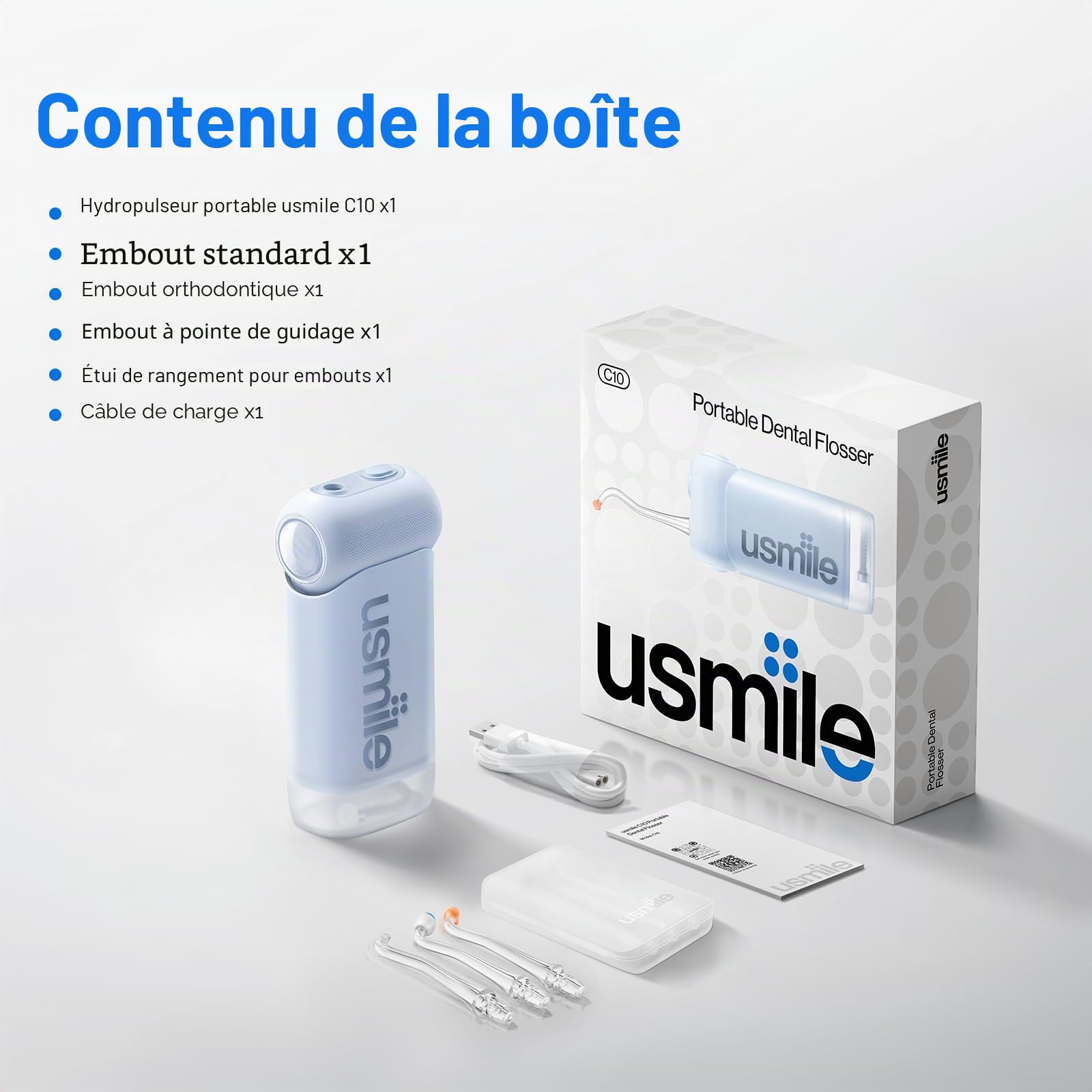usmile C10 Jet Dentaire Hydropulseur portable – 95 jours d'autonomie | 4 modes, réservoir 180 ml, étanche IPX7, idéal pour voyages, appareils dentaires, implants et gencives