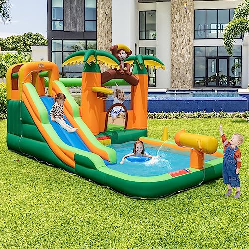 BOUNTECH Inflatable Water Slide, Jungle Kids Water Park Jump Castle with Long Slide, Big Splash Pool, Water Slides Inflatables for Kids, Blow up Backyard Party Outdoor Water Slide Bounce House