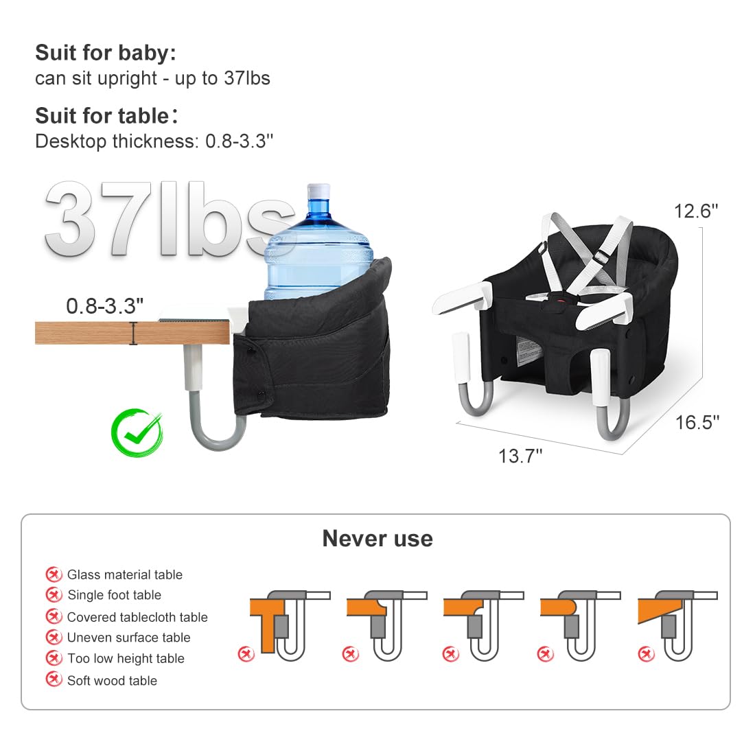MTWML Tischsitz Baby ohne Tablett, Faltbarer Hochstuhl zum Anklemmen, Tragbarer Babysitz mit 5-Punkt-Gurt & Tragetasche, Sitzerhöhung für 6–36 Monate für Zuhause & Unterwegs(Rein-Schwarz)