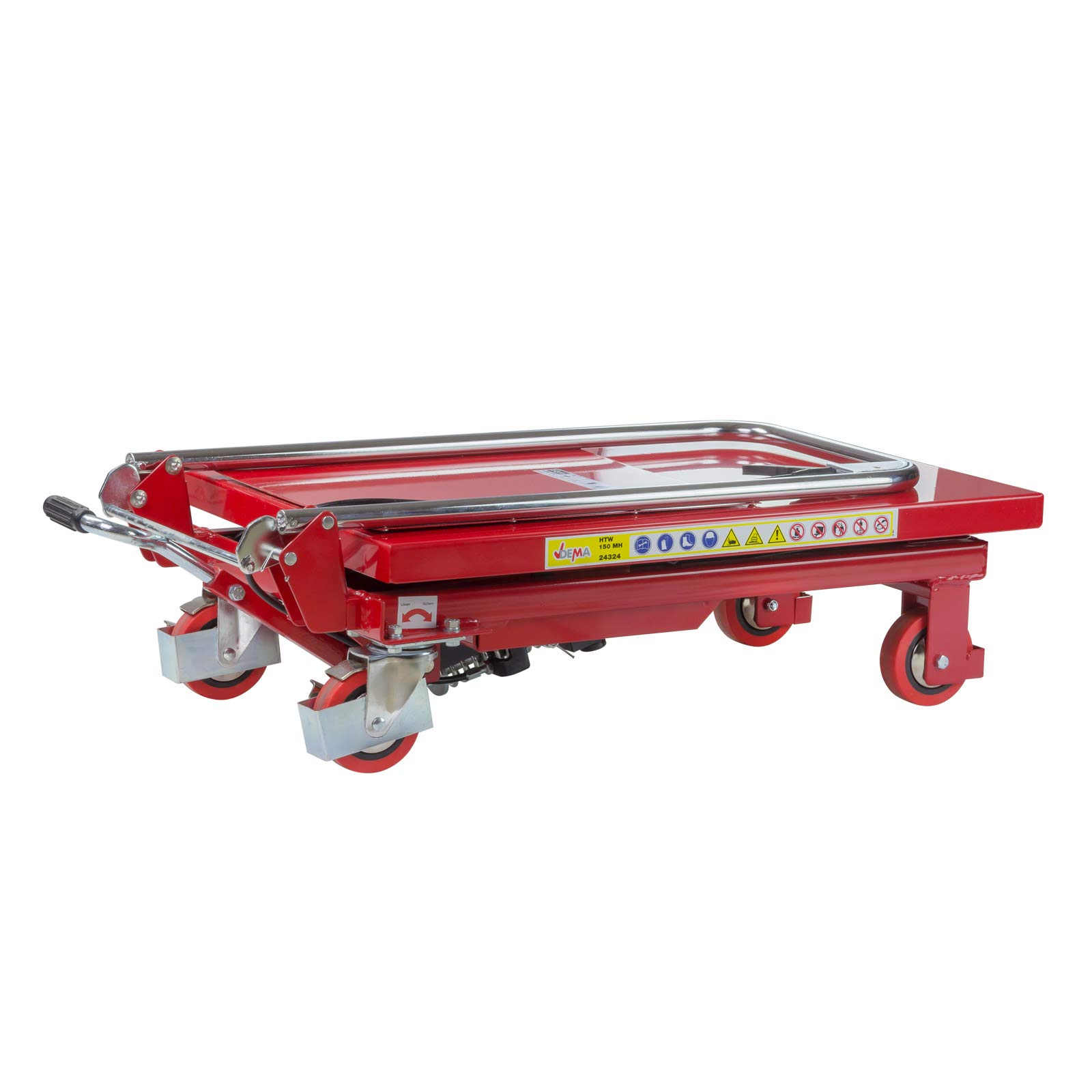 DEMA Hydraulischer Hubtischwagen HTW150 – Hubwagen bis 150 kg, stufenlose Hubhöhe 22-72 cm, stabile Stahlkonstruktion, Lenkrollen mit Bremse, Sicherungs-Arretierung – für Werkstatt, Lager, Produktion
