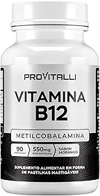 Vitamina B12 Metilcobalamina 90 Comprimidos Mastigáveis | Provitalli | Alta Absorção e Biodisponibilidade | Suporte para Energia, Foco e Sistema Imunológico | 550mg 9,94mgc | Sabor Morango