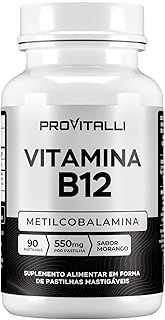 Vitamina B12 Metilcobalamina 90 Comprimidos Mastigáveis | Provitalli | Alta Absorção e Biodisponibilidade | Suporte para Energia, Foco e Sistema Imunológico | 550mg 9,94mgc | Sabor Morango