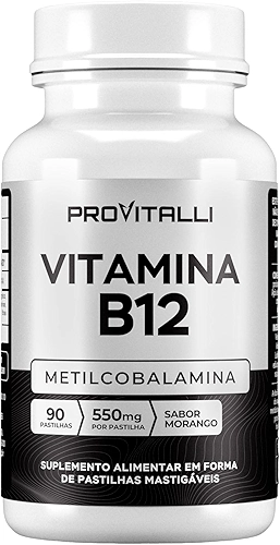 Vitamina B12 Metilcobalamina 90 Comprimidos Mastigáveis | Provitalli | Alta Absorção e Biodisponibilidade | Suporte para Energia, Foco e Sistema Imunológico | 550mg 9,94mgc | Sabor Morango