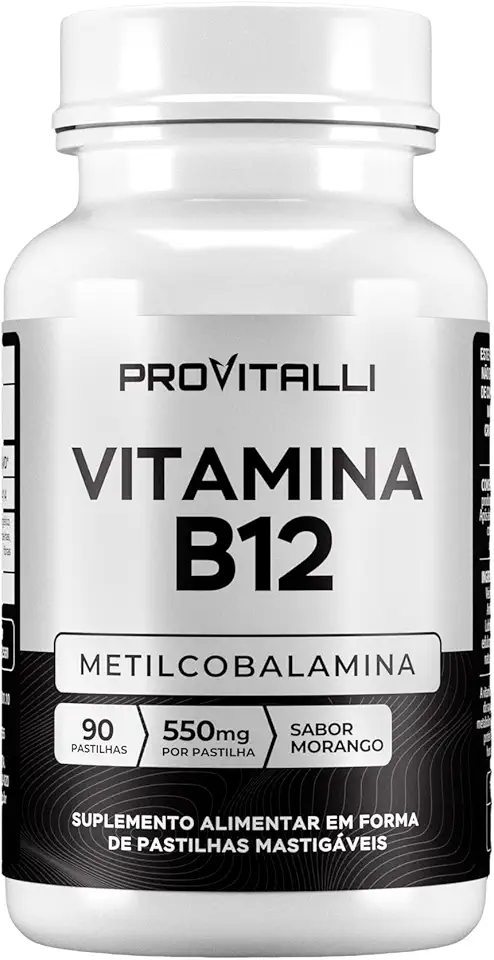 Vitamina B12 Metilcobalamina 90 Comprimidos Mastigáveis | Provitalli | Alta Absorção e Biodisponibilidade | Suporte para Energia, Foco e Sistema Imunológico | 550mg 9,94mgc | Sabor Morango