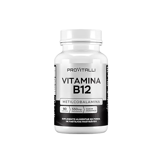 Vitamina B12 Metilcobalamina 90 Comprimidos Mastigáveis | Provitalli | Alta Absorção e Biodisponibilidade | Suporte para Energia, Foco e Sistema Imunológico | 550mg 9,94mgc | Sabor Morango