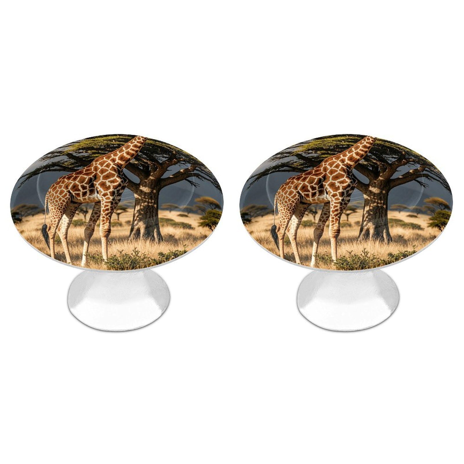 QMNLKH Africa Giraffe Majestic Tree Cabinet Knobs for Home, Round Drawer Pulls for Kitchen, Personalized Cupboard Handles with Screw, Fashion Dresser Knobs for Office, Drawer Handles, 2 Packs