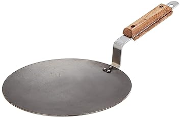 KISHI Iron Concave Tawa 25 cm, Tava for Roti/Chappati/Naan with Strong Wooden Handle Black 100% Toxin-Free, Naturally Non-Stick, Long Lasting