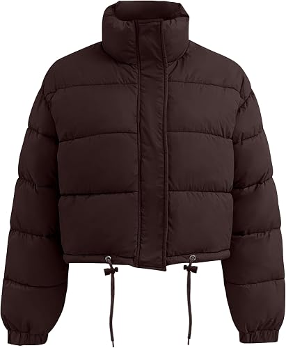 Flygo Women Cropped Puffer Jacket Winter Long Sleeve Quilted Puffy Bubble Padded