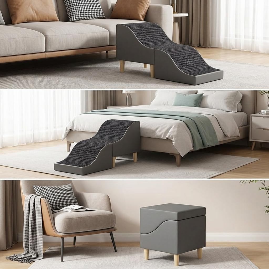 Rampa per Pieghevole Antiscivolo per Animali Domestici Anziani o di Piccola Taglia, Grigio Scuro, Altezza 46cm