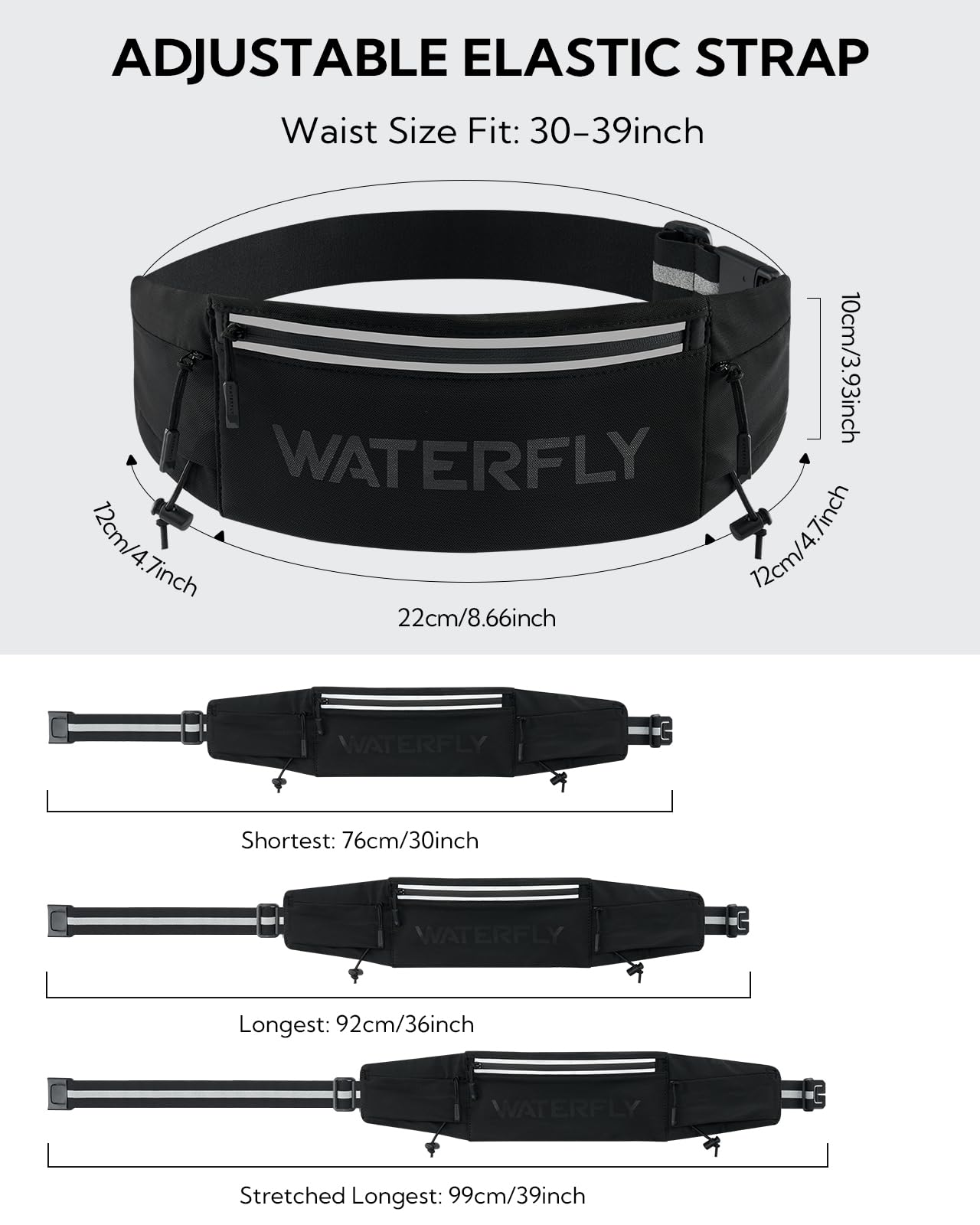 WATERFLY Marsupio da corsa: marsupio traspirante a 3 tasche per uomo e donna, per allenamento, fitness, supporto per telefono adatto a tutti i telefoni, per maratona, jogging, corsa, con clip per