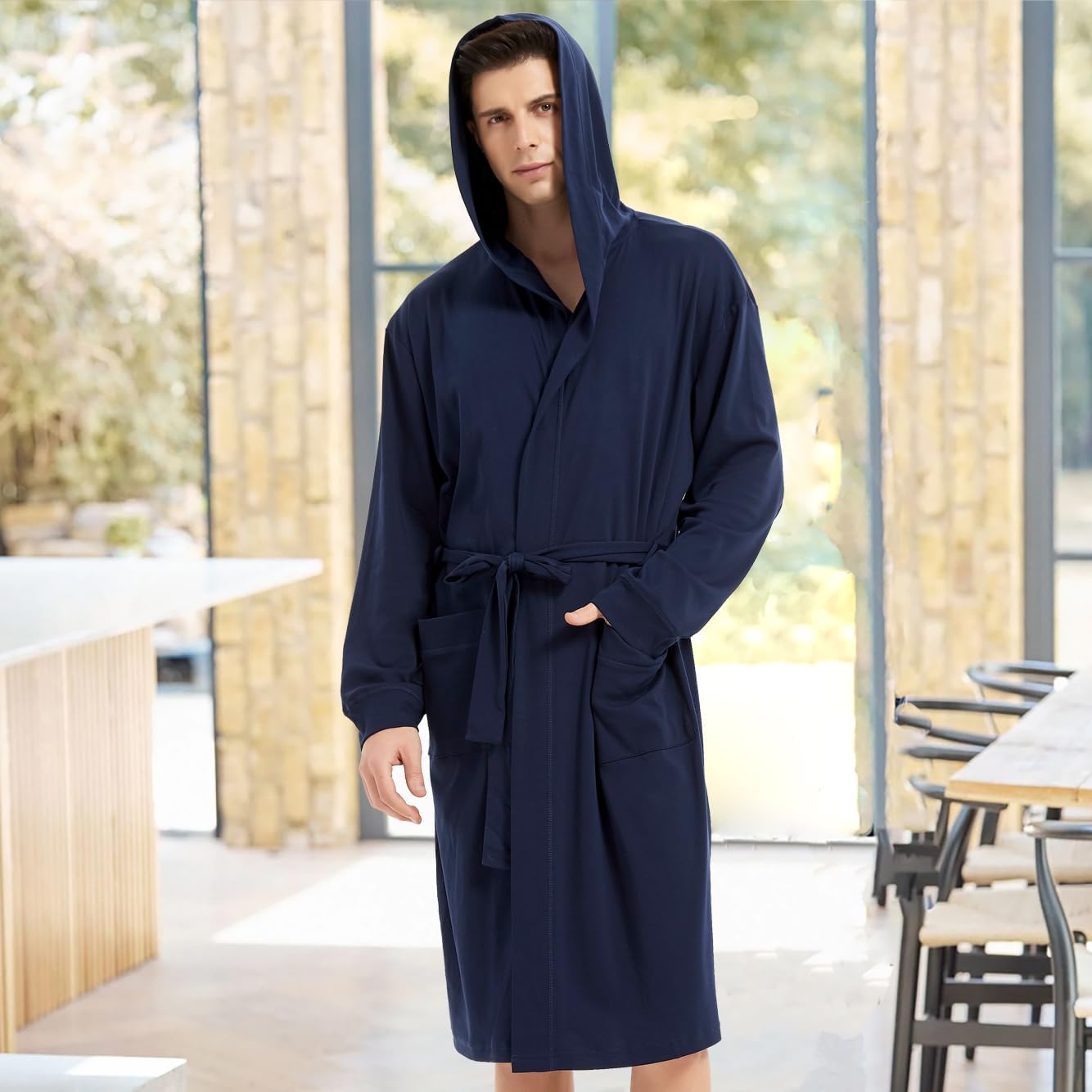 HOLOVE Men's Pure Cotton Bathrobe Lightweight Kimono and Hooded Spa Robes Soft Sleepwear - Image 5