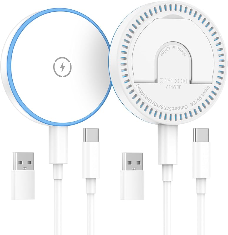 Cargador MagSafe, paquete de 2, cargador inalámbrico magnético de 15 W, carga rápida con soporte plegable y cable tipo C de 4.2 pies, puertos USB-C/A compatibles con iPhone 17/16/15/14/13/12 Series y AirPods 4/3/2/Pro