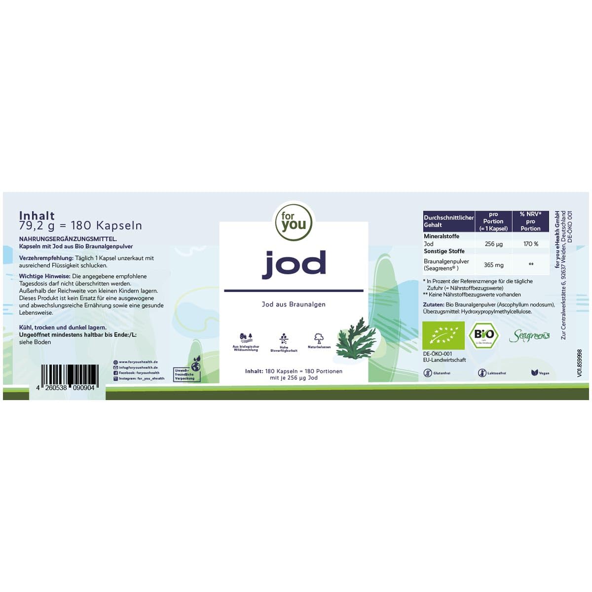 for you jod Bio 360 Kapseln - hochdosierte Jodkapseln aus Bio-Braunalgen von Seagreens® - aus biologischer Wildsammlung, nachhaltig geerntet - vegane Kapseln mit je 256µg Jod