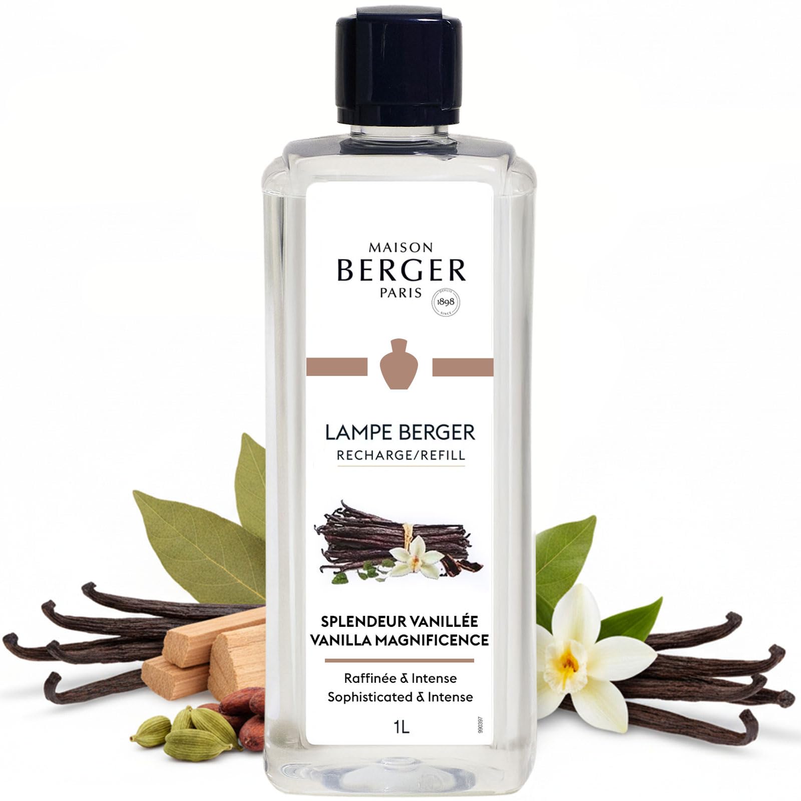 MAISON BERGER Vanilla Magnificence Lamp Berger Fragrance Refill, 1 Liter – 2-in-1 Catalytic System, Neutralizes Odours Then Diffuses Fragrance, Intense Vanilla with Amber, Incense and Spices