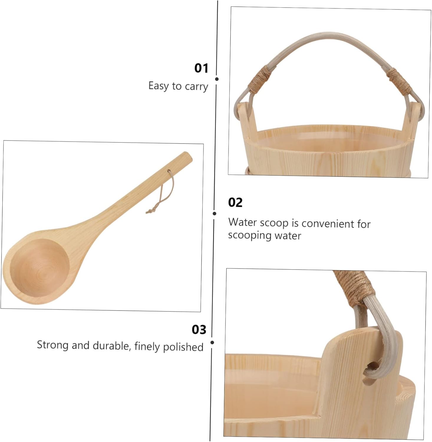 Sosoport Classic Wooden Sauna Bucket Luxury Sauna Accessories Set Pine Wood Bucket Ladle for Bath