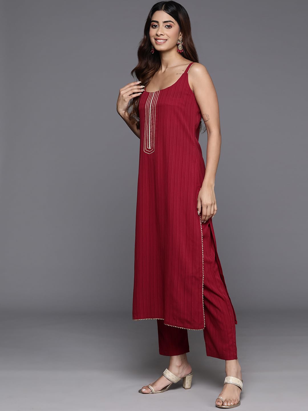 Varanga Women Maroon Round Neck, Spaghetti Strap Style Straight Kurta Paired With Tonal Bottom And Dupatta  Stylish & Comfortable Ethnic Wear For Women, Perfect For Casual & Festive Occasions