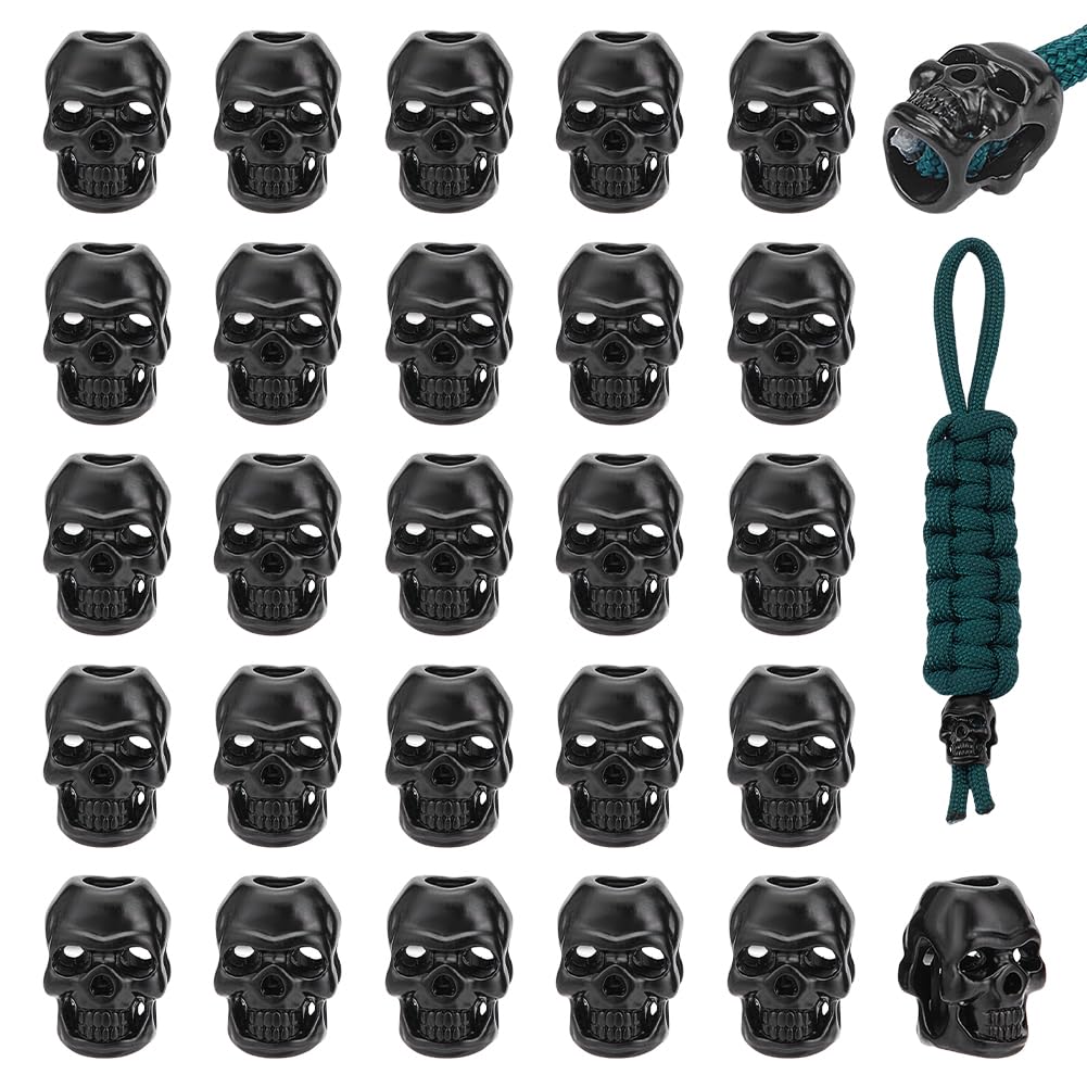 NBEADS 40Pcs Alloy Skull Beads, Skull Shape Alloy Cord End Lock Paracorda Metal Large Hole EDC European Lanyard Cord Beads for Shoelace Jewelry EDC String Pendant, Black