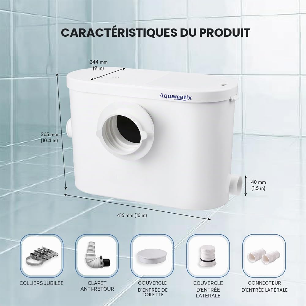 Aquamatix Silencio 3 Broyeur Sanitaire 400W Pompe de Relevage 145L/min Distance de pompage verticale de 8 m avec 3 entrées pour les toilettes, l'évier et la machine à laver, avec filtre à charbon