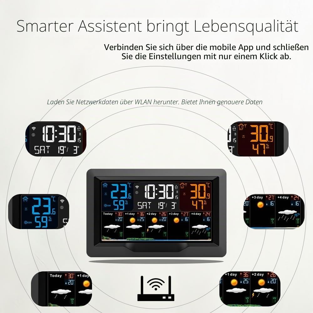 OBEST Wlan Wetterstation Funk mit Außensensor App WiFi Funkwetterstation | Farbdisplay Hygrometer Thermometer Humidimeter Innen Außen mit 5 Tage Wettervorhersage Luftfeuchtigkeit Luftdruck Zeit