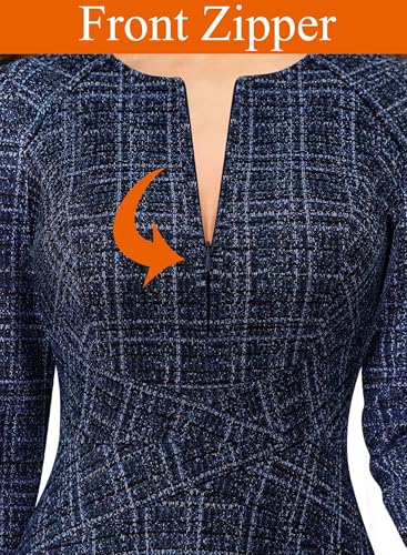 Image of VFSHOW Womens Work Business Front Zipper A-Line Dresses 3 /4 Sleeve Office Church Fit and Flare Skater Swing Knee Length Dress
