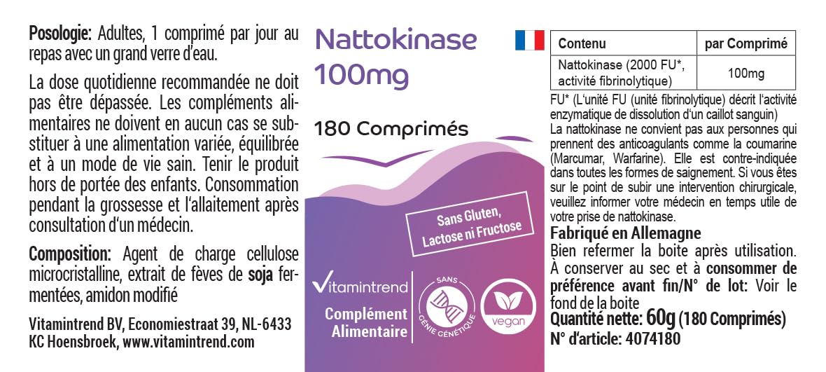 Vitamintrend Nattokinase 100mg, 180 tabletek po 100mg (21.800 FU/g), wysoka dawka, wegański, bez stearynianu magnezu, wyprodukowany w Niemczech