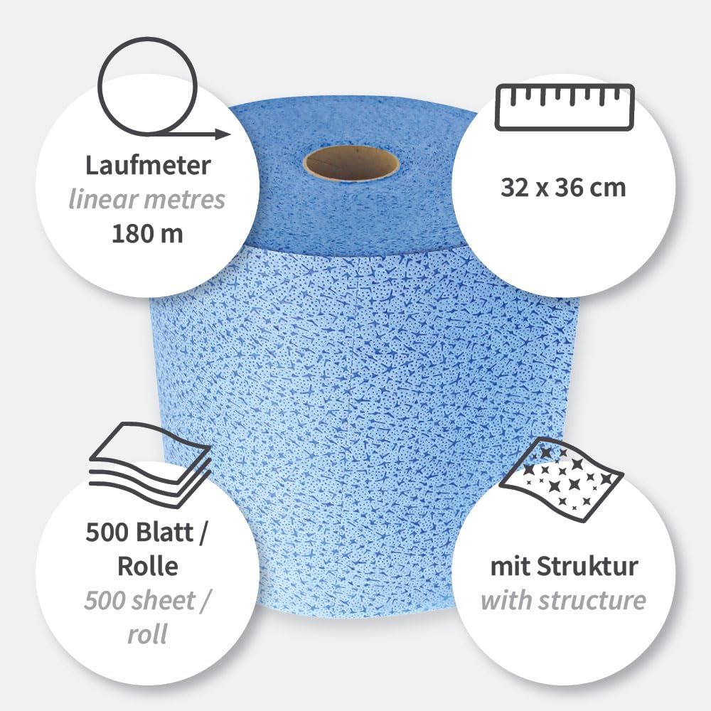 1x500 Abrisse, Reinigungstücher, FRANZ MENSCH, Ø7cm Kern, blau, PP, Premium | Rolle, 36 x 32 cm, 180 m, Wischtücher, Putztücher, cleaning wipes, Werkstatt, Industrie, Gastronomie, Küche