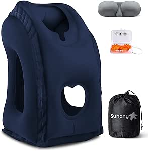 Sunany Inflatable Neck Pillow Used for Airplanes/Cars/Buses/Trains/Office Napping with Free Eye Mask/Earplugs (Blue)