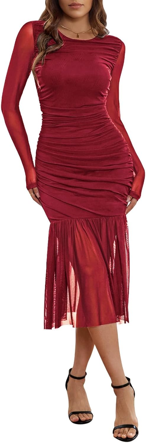 Pink Queen Women's 2026 Long Sleeve Bodycon Dress Mesh Slim Ruched Maxi Dresses Party Cocktail