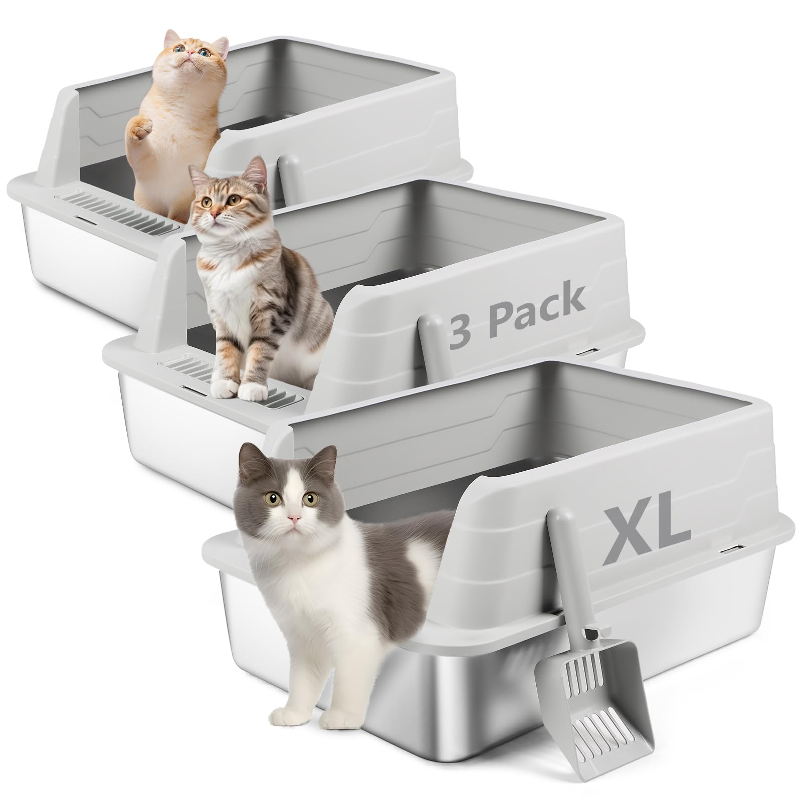 Bac à litière pour Chat en Acier Inoxydable avec Pelle, bac à litière à Bords Hauts pour éviter Les éclaboussures, sans Odeur, Non Collant, Facile à Nettoyer (Gris Clair, 3 unité)