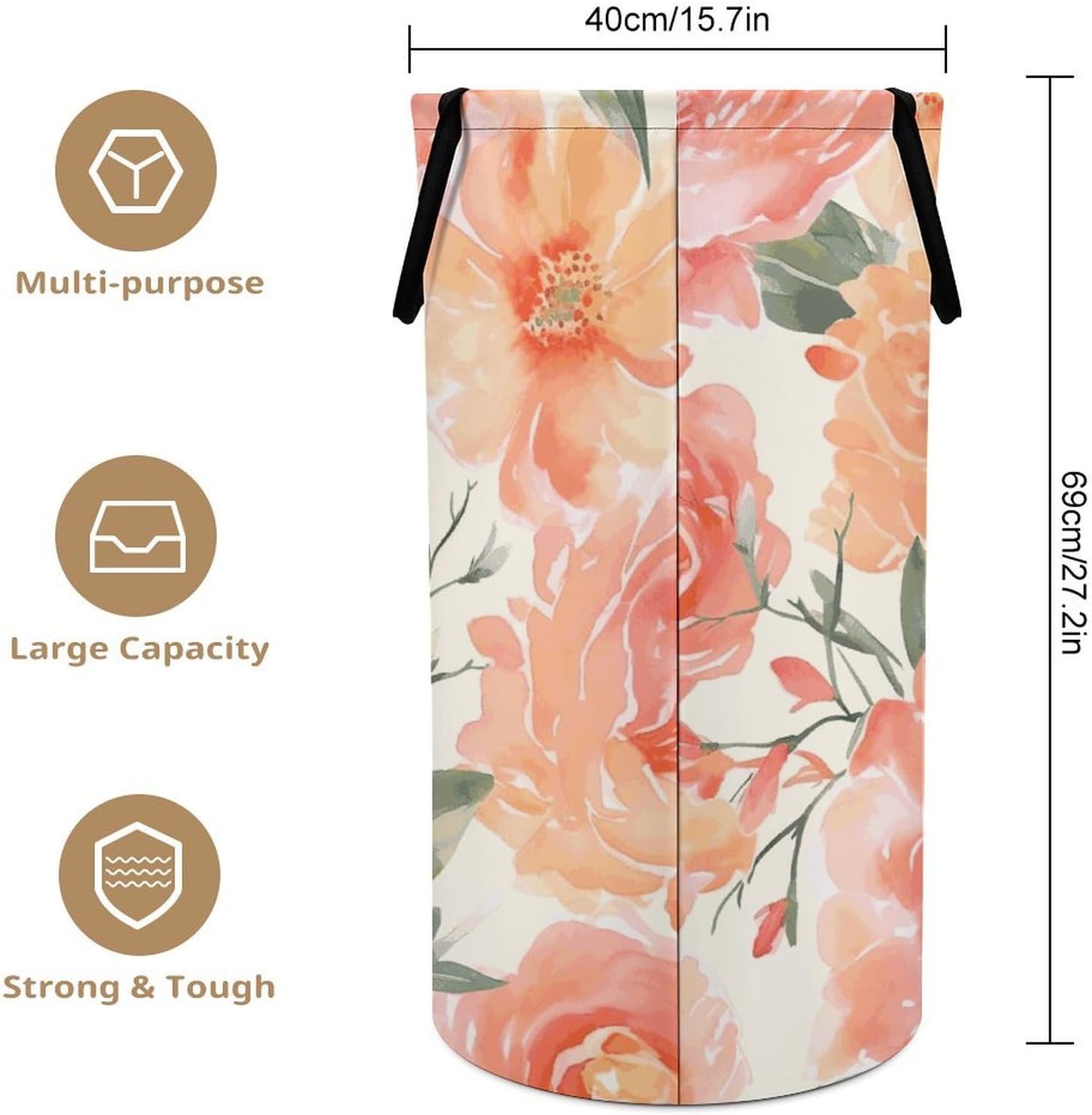 Peach Peony Laundry Hamper with Handles Freestanding Large Laundry Basket Collapsible Clothes Hamper Waterproof Clothes Basket for Family Bathroom Decor Storage 86L