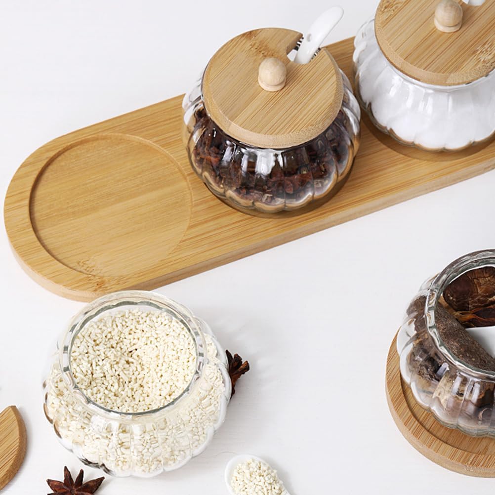 MAGICLULU 1 Set Clear Glass Seasoning Jar with Wooden Lid and Spoon Glass Sugar Bowl Pumpkin Shaped Candy Jar Salt Cellar Salt Storage Container for Sugar Spice Pepper