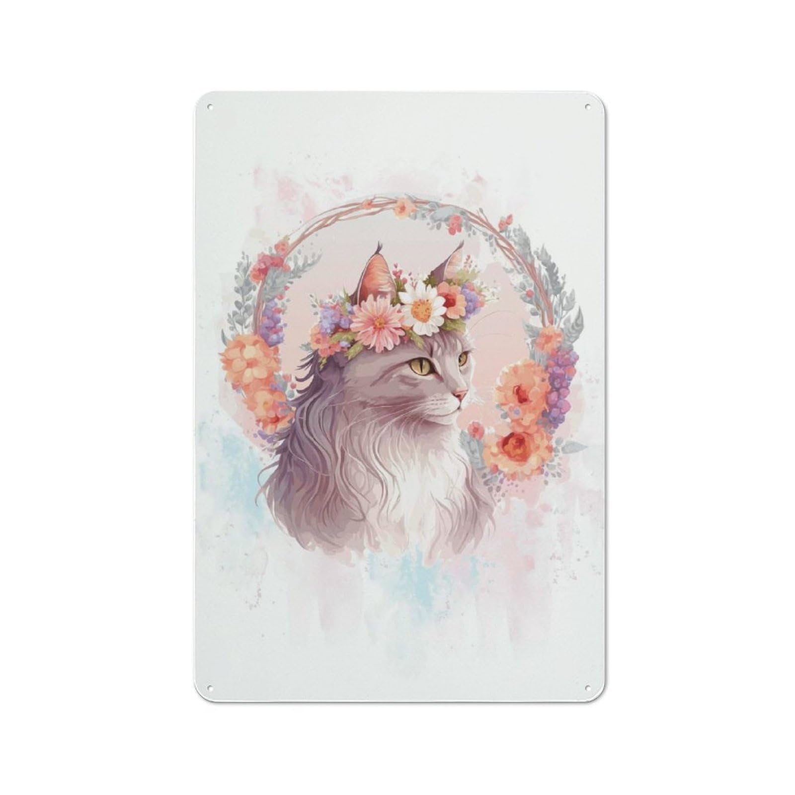 Junmoney Style-4 Modern Vintage Turkish Angora Flower Cat Metal Desk Wall Sign 30X20cm, Office Wall Decor For Office, Study, Studio Or Hallway