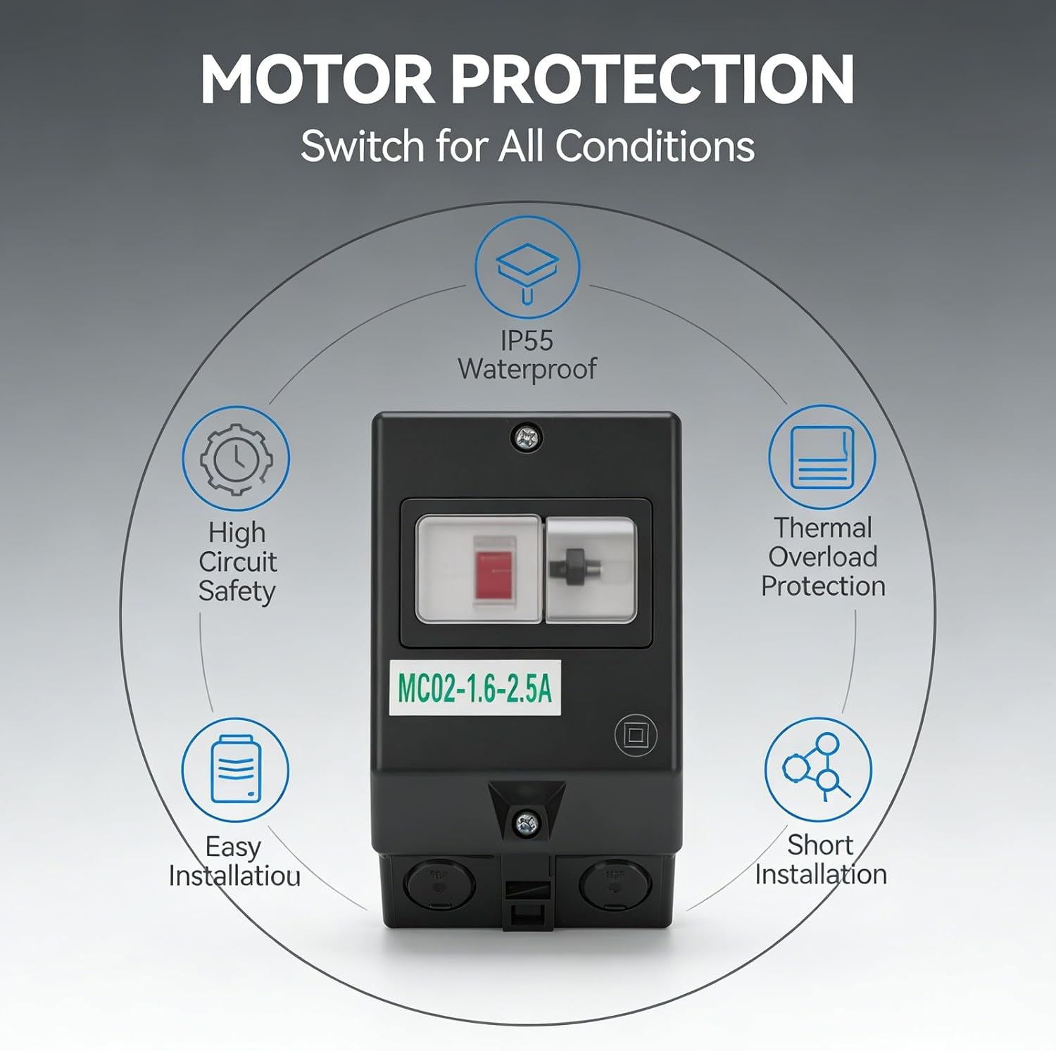 Motor Protection Switch Circuit Breaker 1.6-2.5A ABS IP55 380V - Overload and Short Circuit Protection, Easy Installation for Electric Motors