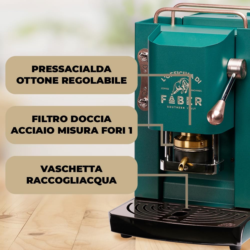 FABER COFFEE MACHINES | Modèle Pro Deluxe | Machine à café à dosettes ese 44mm | finitions Cuivre | Pressacialda en laiton (British Green)