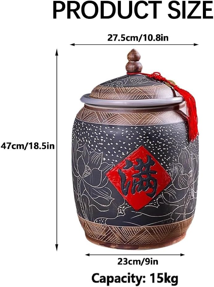 Ceramic Rice Container Ceramic Rice Bucket Grain Rice Dispenser, Home Grain Storage Ceramic Container, Large Capacity Food Storage Jar, Ceramic Rice Storage Jar(15kg)