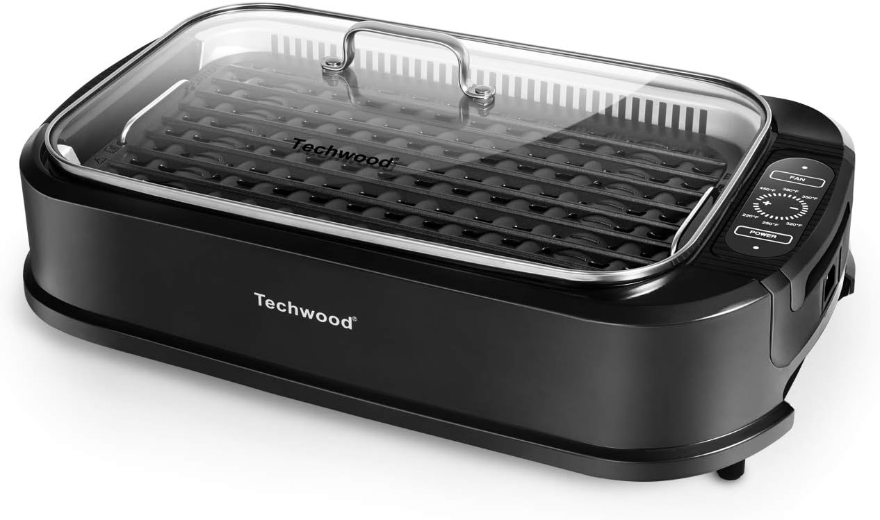 FENRIR Techwood Indoor Smokeless Grill 1500W Electric Grill with Tempered Glass Lid, Compact & Portable Non-Stick BBQ Grill with Turbo Smoke Extractor Technology, LED Smart Control Panel