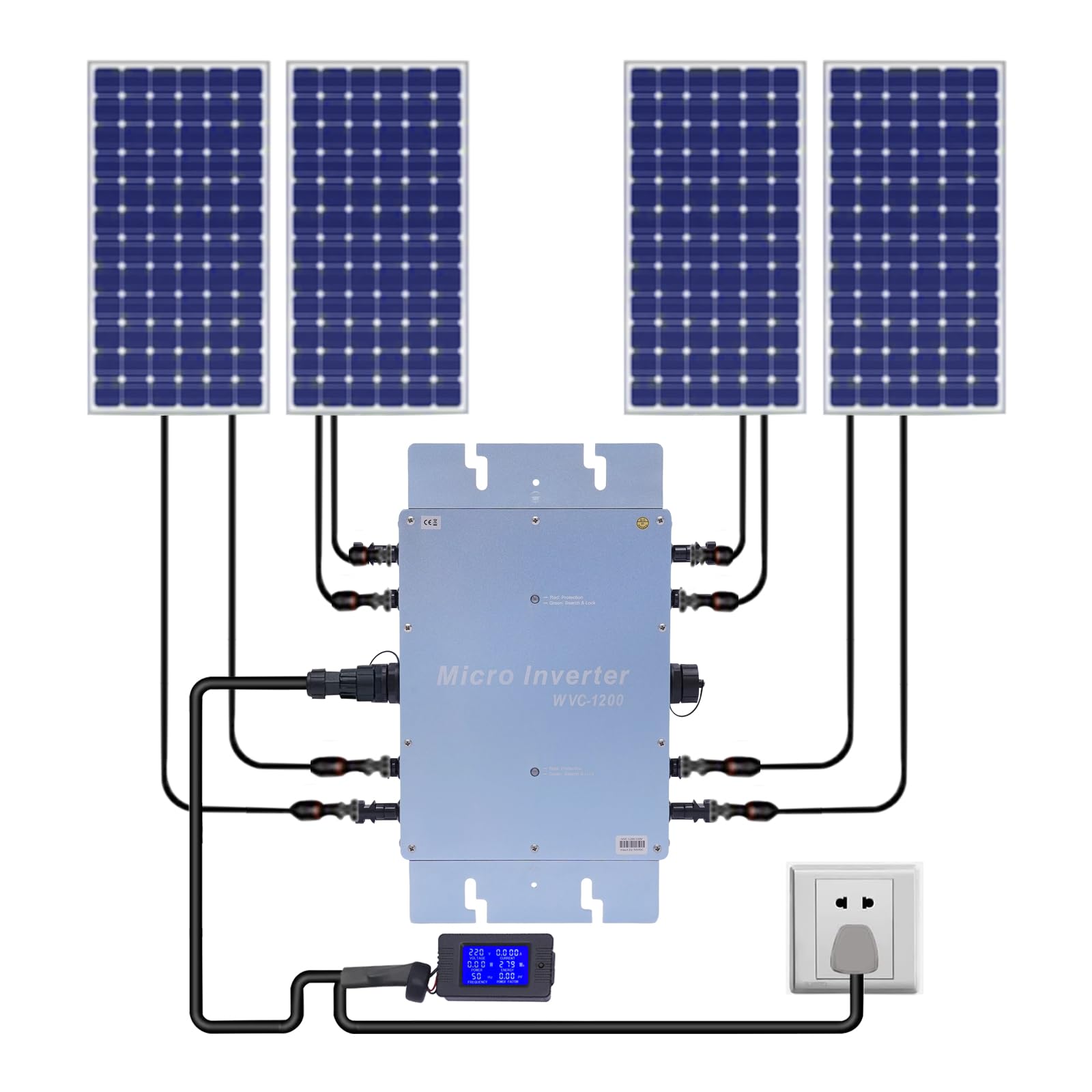 Invertitore solare intelligente da 2,88 kg, micro inverter solare da 1200 W, con display LCD IP65, protezione dall'acqua, inverter solare per moduli da 36 V, collegamento di rete nell'alloggiamento in