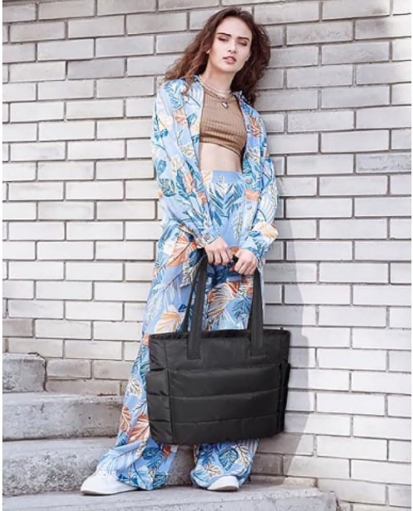 Puffer Travel Tote, Quilted Puffer Tote Bag for Women Large SizeLightweight Puffy Tote Bag with Compartments