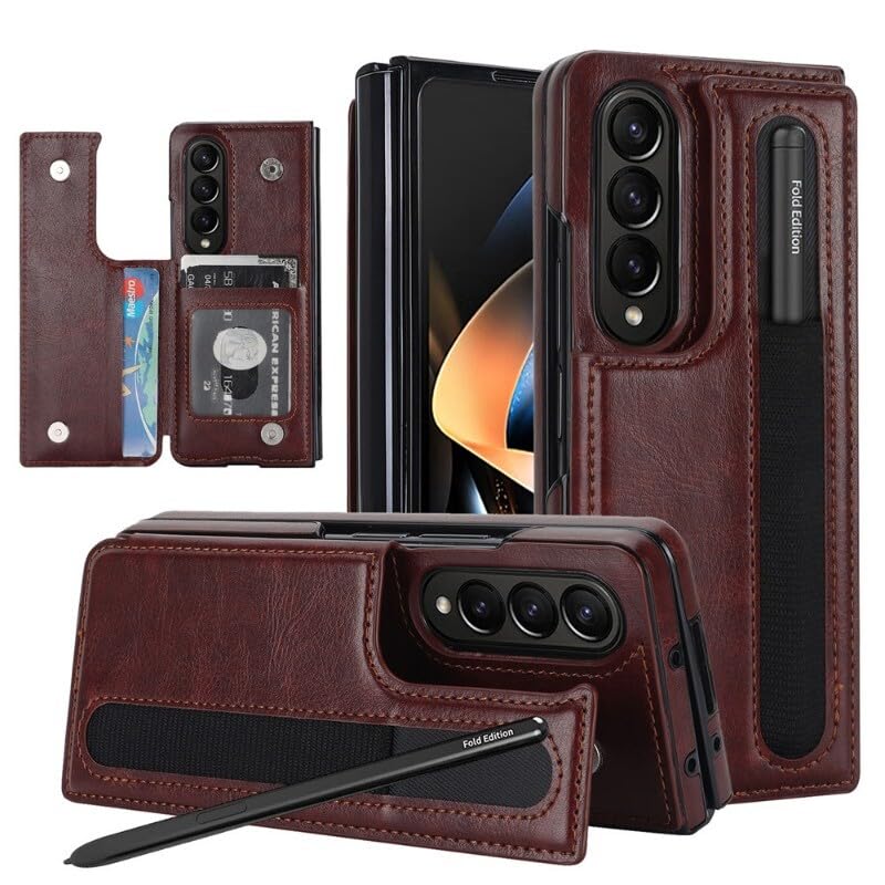 Étui portefeuille Galaxy Z Fold 4 en cuir marron avec rabat magnétique