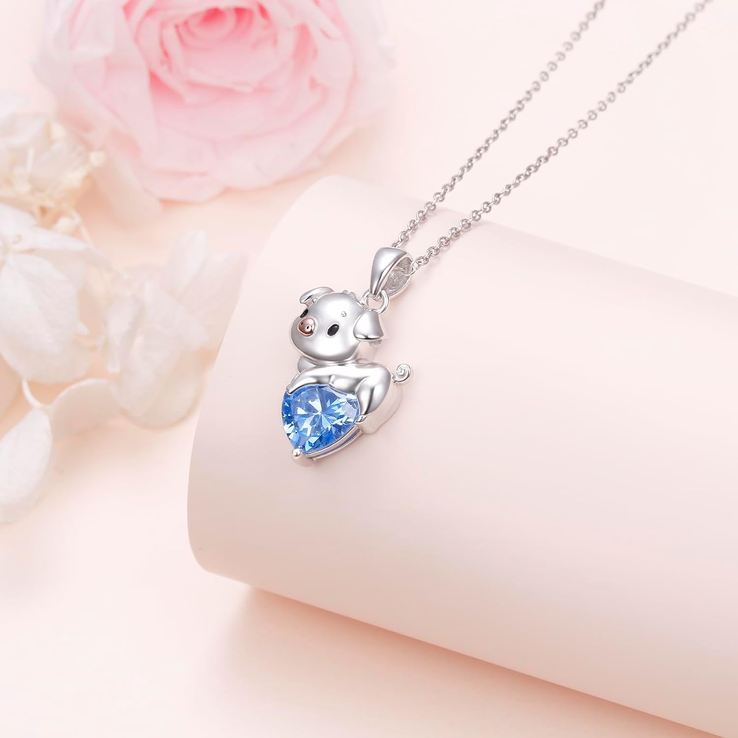 FLYOW Pig Necklace 925 Sterling Silver Cute Animal Necklace with Heart Blue CZ Piggy Pendant for Women Friend Pig Lovers Birthday Graduation Valentine's Day Anniversary Christmas Jewelry White/Blue